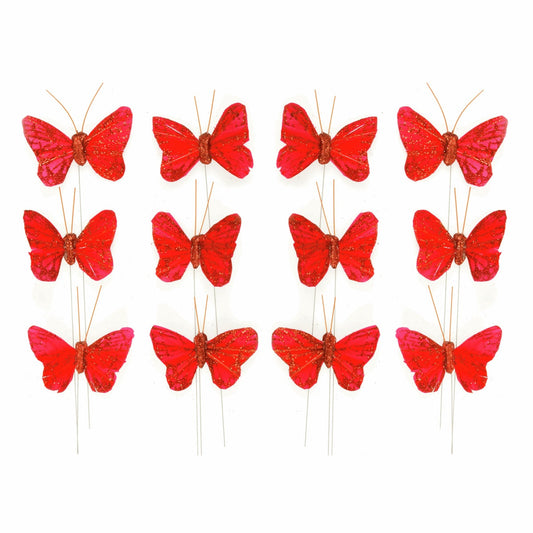 12 Red Glitter Wired Butterflies x 5cm - Red
